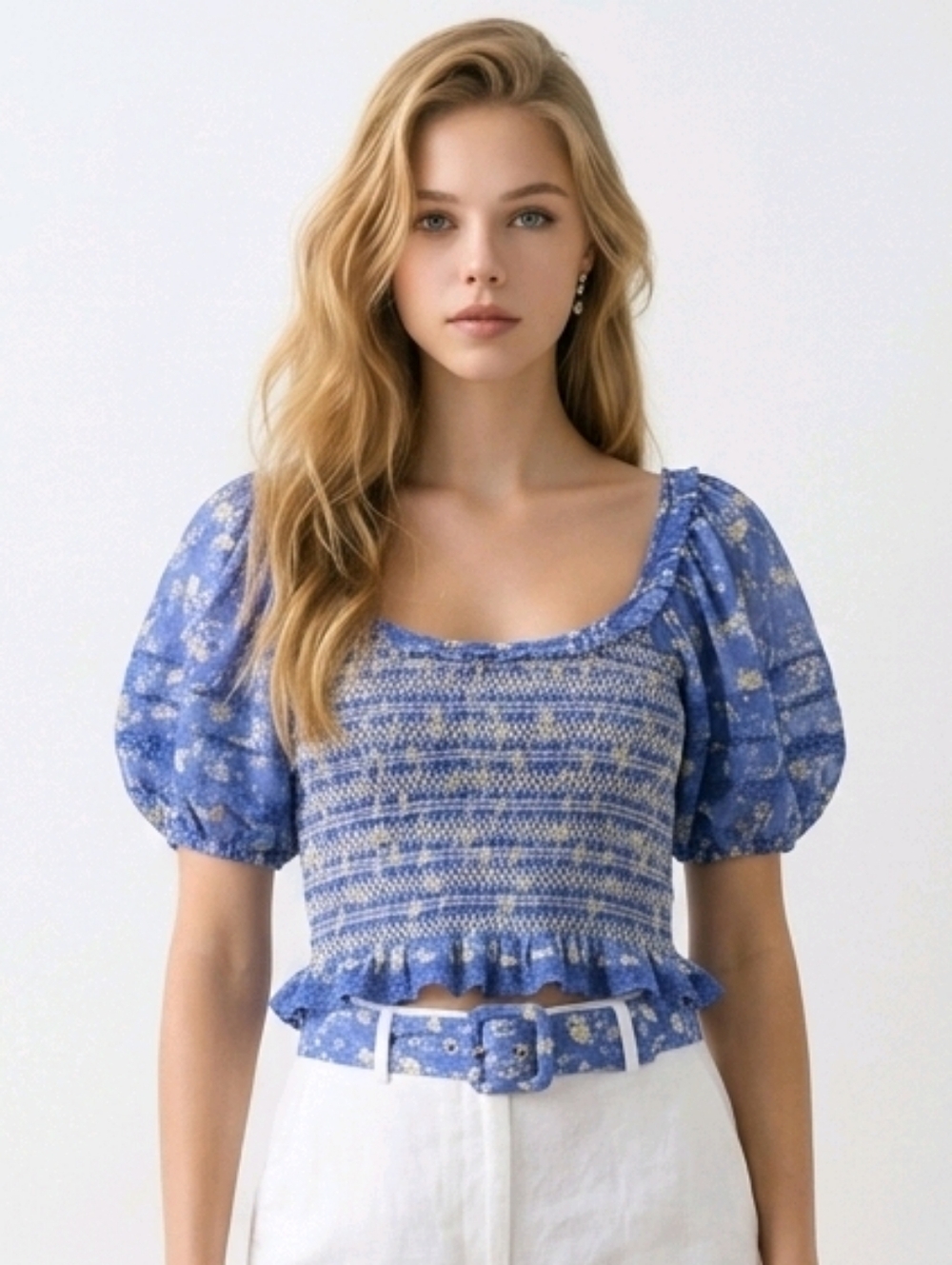 LoveShackFancy Molly Blue Lace Cotton  Smocked Puff Sleeves Crop Top M